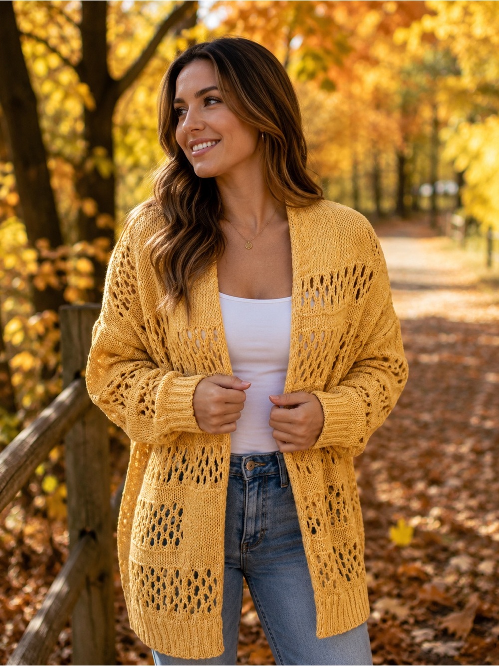 Open-Front Knit Cardigan Sweater in Mustard Yellow